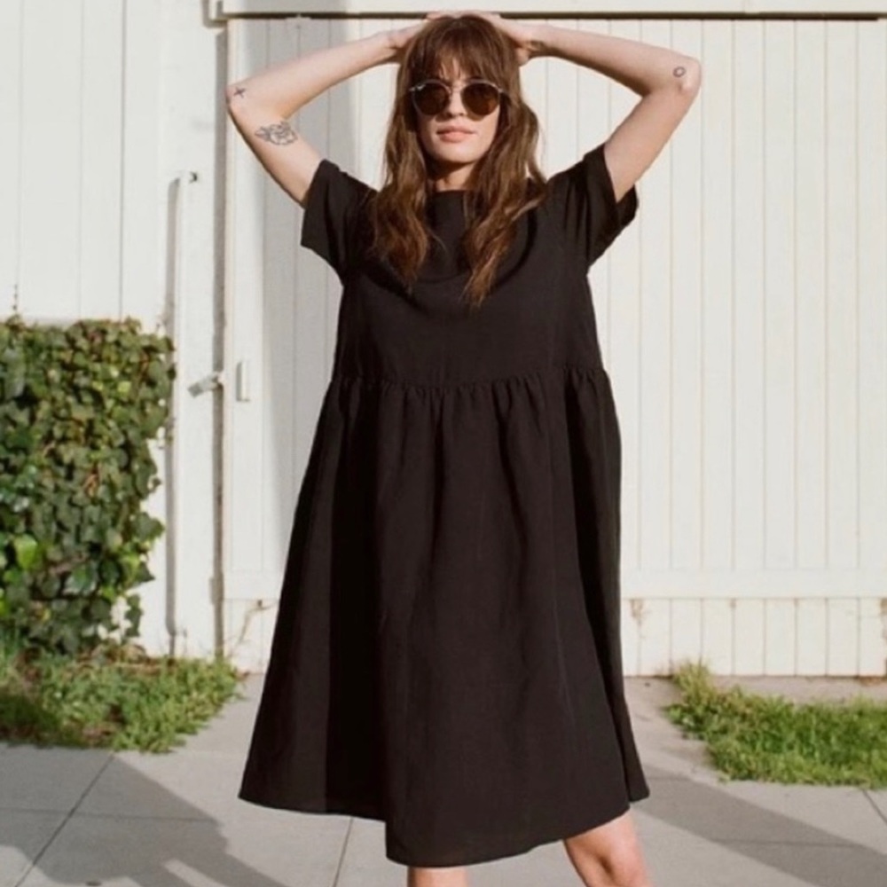 TRADLANDS Black NICO Linen Tiered Midi Short Sleeve Dress Large EUC Sustainable